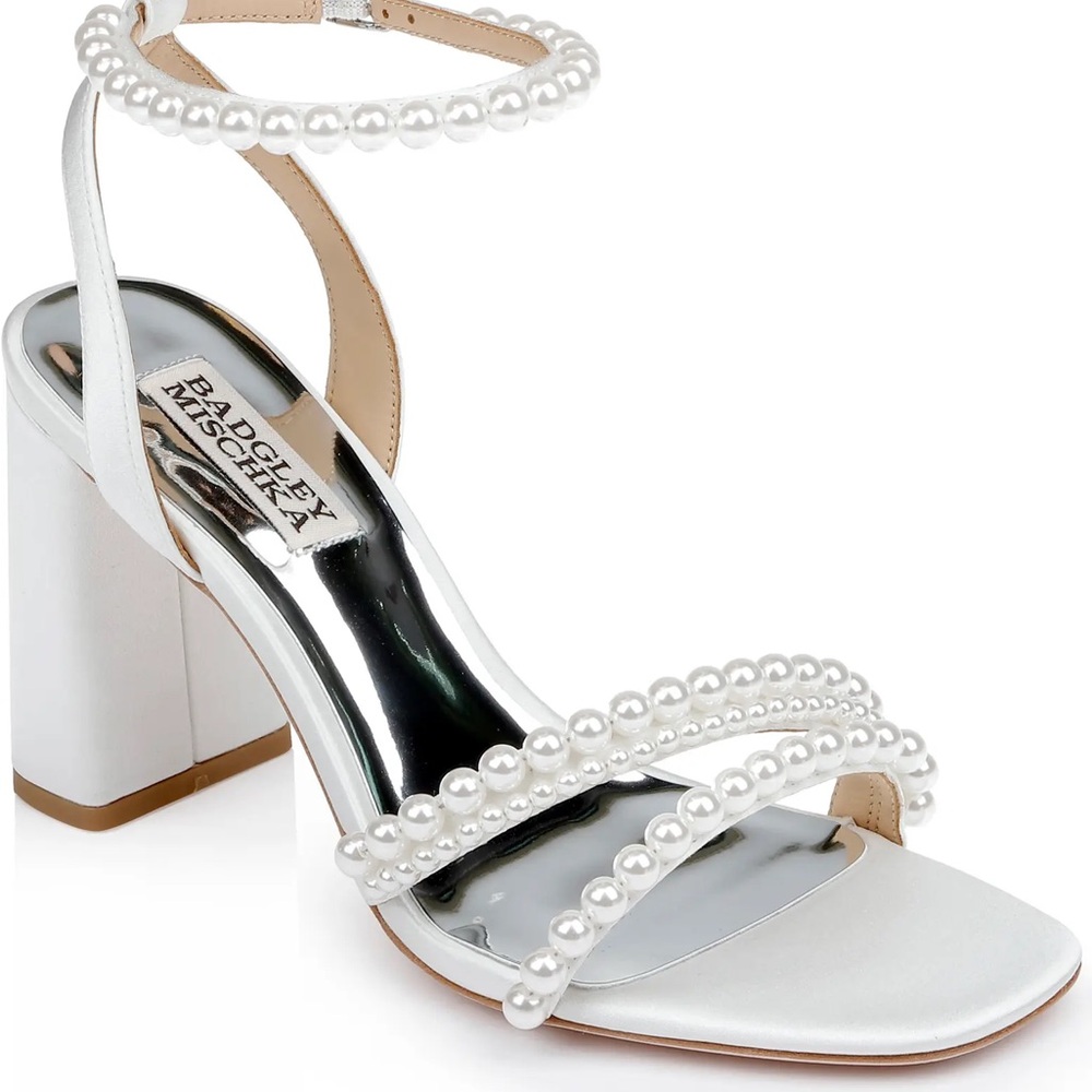 Badgley Mischka White Pearl-Embellished Block Heel Sandal